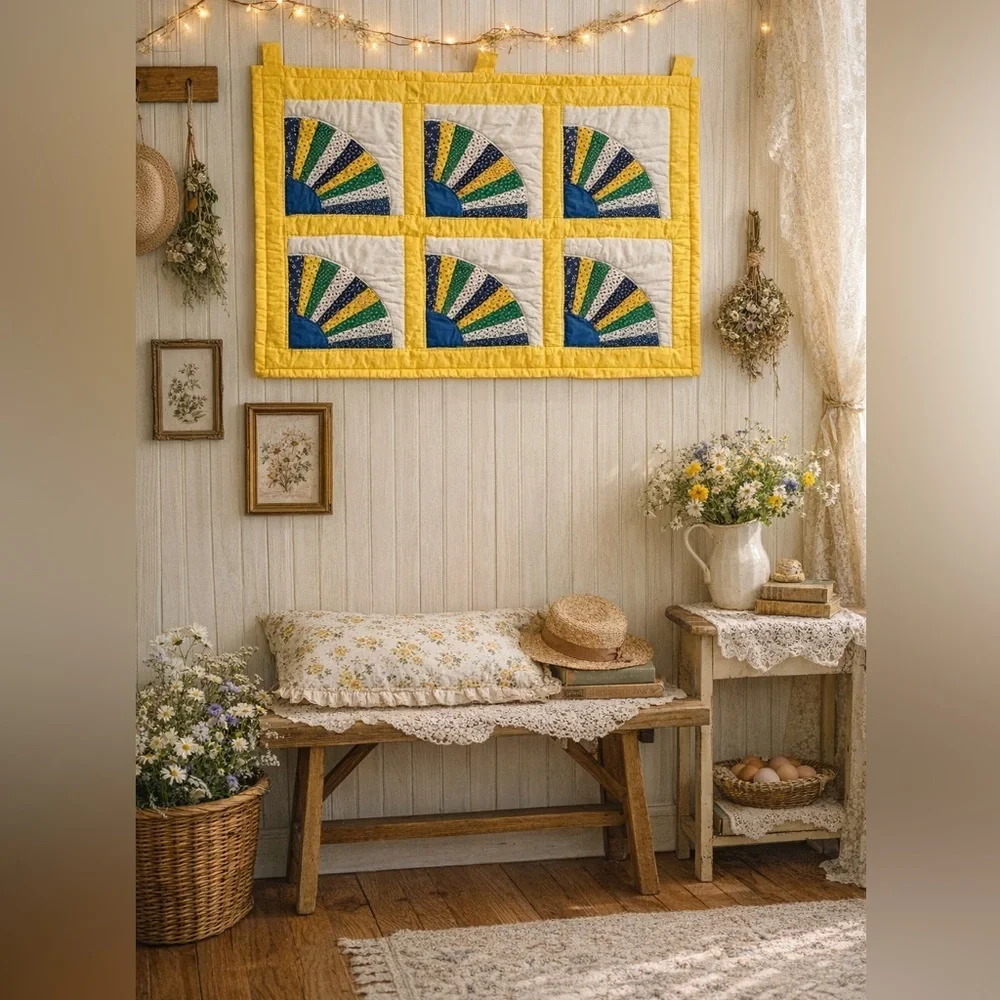 Colorful Fan Pattern Handmade Quilt Wall Art Cottagecore Prarie
